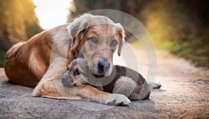 mum dog cuddling her puppy, AI generated