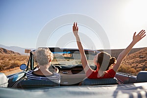 Mum driving car, daughter with hands in the air, back view photo
