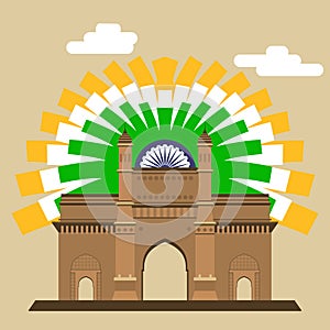 Mumbai Gateway. Gateway. Indian landmark with abstract flag EPS8.