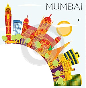 Mumbai India Skyline with Color Buildings, Blue Sky and Copy Spa