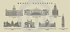Mumbai Monuments set vector icon