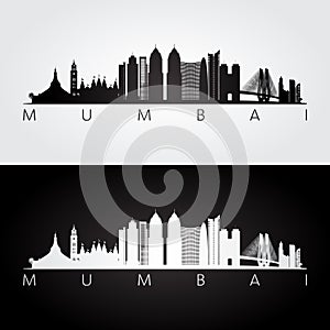 Mumbai skyline and landmarks silhouette. Vector illustration.