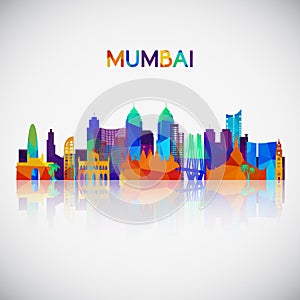 Mumbai skyline silhouette in colorful geometric style.