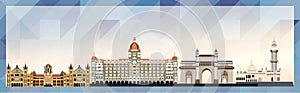 Mumbai skyline vector colorful poster on beautiful triangular texture background