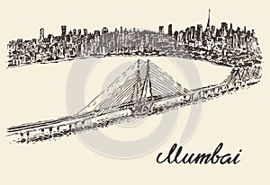 Mumbai skyline vintage vector illustration sketch photo