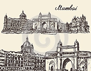 Mumbai skyline vintage vector illustration sketch photo