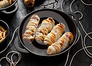 Mummy dogs made of sausages and puff pastry on a black background  close-up