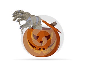 Mummy hand coming out of a halloween pumpkin. Halloween concept vector illustration