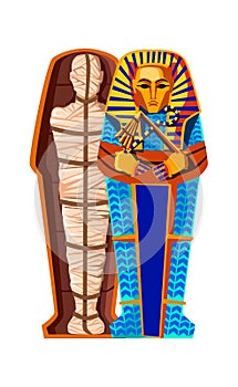 Mummy in sarcophagus cartoon illustration