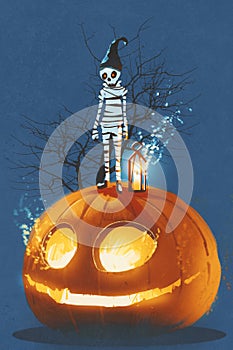 Mummy standing on giant pumpkin,Jack O lantern
