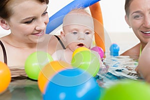 Mums and babies having fun at infant swimming course