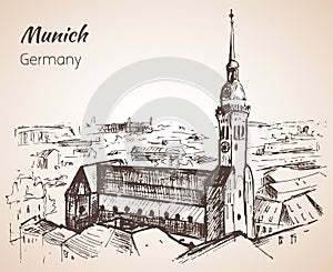 Munchen city landscape, Germany. Sketch.