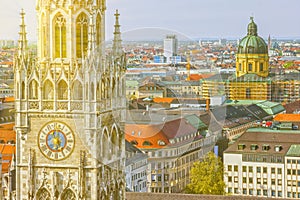 Munchen city panoramic landscape with sun rays, Germany