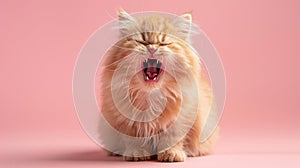 Munchkin, angry cat baring its teeth, studio lighting pastel background