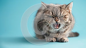 Munchkin, angry cat baring its teeth, studio lighting pastel background photo