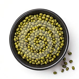 Mung Bean Seeds in Black Cup (Top View) isolated on white background photo
