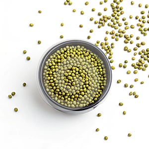 Mung Bean Seeds in Black Cup (Top View) isolated on white background photo