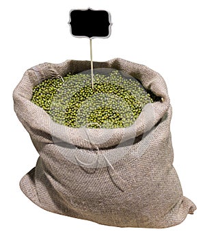 Mung beans in bag isolate on white background.