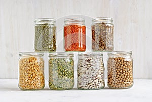 Mung beans, peas, beans, lentils in glass jars