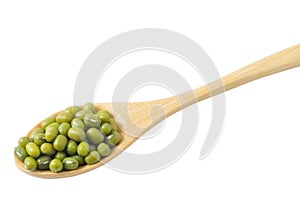 Mung Beans in Wooden Spoon Isolated on White Background