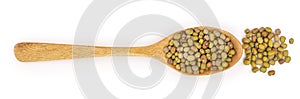 Mung beans in a wooden spoon isolated on white background. Top view