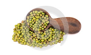 Mung beans in wooden spoon, isolated on white background. Vigna radiata.