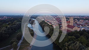 Munich aerial on the shores of Isar river