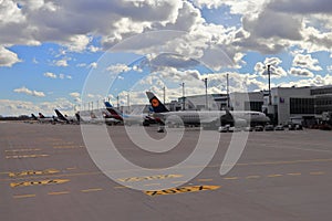 MUNICH, BAVARIA, GERMANY - MARCH 13, 2019: Lufthansa aircraft in different types of livery at Munich Airport.