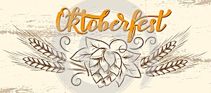 Munich Beer Festival Oktoberfest handwritten text with line art illustration of wheat heads and hop cones on wooden texture backgr