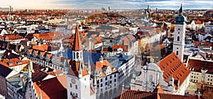 Munich center panoramic cityscape view with Old Town Hall and Heiliggeistkirche