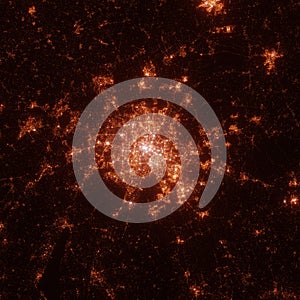 Munich city lights map, top view from space. Aerial view on night street lights. Global networking, cyberspace