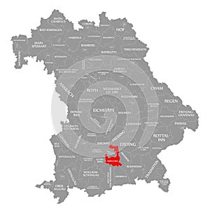 Munich county red highlighted in map of Bavaria Germany