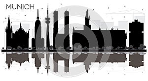 Munich Germany City skyline black and white silhouette with Reflections.