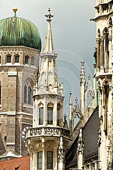 Munich, Germany - clock tower of the Frauenkirche and City hall