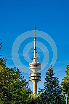 Munich, Germany - Jul 27, 2020: The Olympiaturm in Olympiapark in Munich, Germany