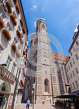 Munich, Germany - July 6, 2022: Looking up at the two towers of the Frauenkirche MÃÂ¼nchen. Cathedral of Our Dear Lady is a