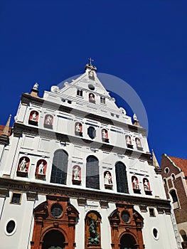 Munich, Germany - June 28, 2019: Facade of Michaelskirche St Michael is a Jesuit church in Munich