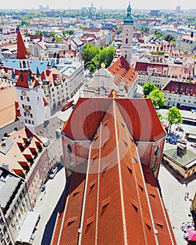 Munich, Germany - June 29, 2019: Scenic summer aerial view of red roofs in old city of Munich, Bavaria