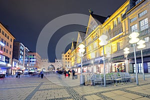 Night street view Munich Old Town Hall near Marienplatz town square at night in Munich, Germany