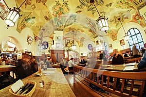 People drinking beer in Hofbraeuhaus beer house, Munich, Bavaria, Germany