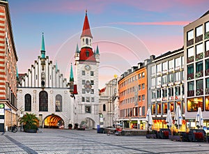 Munich - Germany, Marienplatz at dramtic sunrise with red clouds - nobody