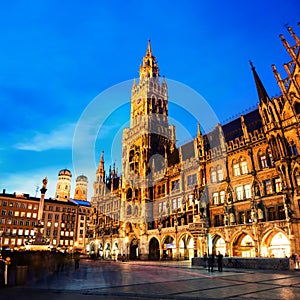 Munich, Germany. Marienplatz at night with Town Hall