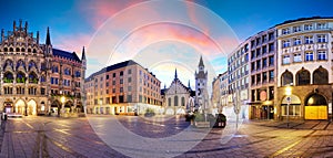 Munich - Germany, Panoramic view of Marienplatz at dramtic sunrise with red clouds - nobody