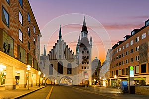 Munich Old Town Hall near Marienplatz town square at night in Mu