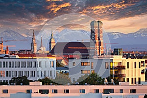 Munich Skyline with Alps at sunset