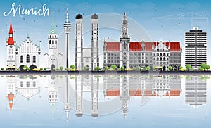 Munich Skyline with Gray Buildings, Blue Sky and Reflections.