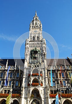 Munich Town Hall clock-tower in the sun