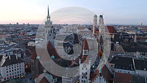 Munich WInter Evening Twilight Aerial skyline Drone Video. City centre Church and Marienplatz square, Muenchen, Germany