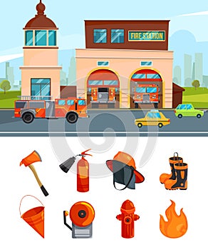 Municipal building of fire station services. Vector pictures isolate on white