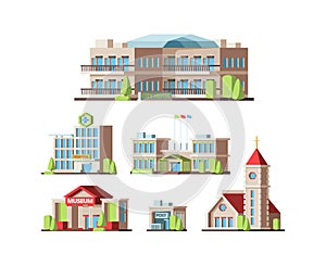 Municipal buildings. Urban houses hotel school hospital Institute post office and Church. Vector flat pictures